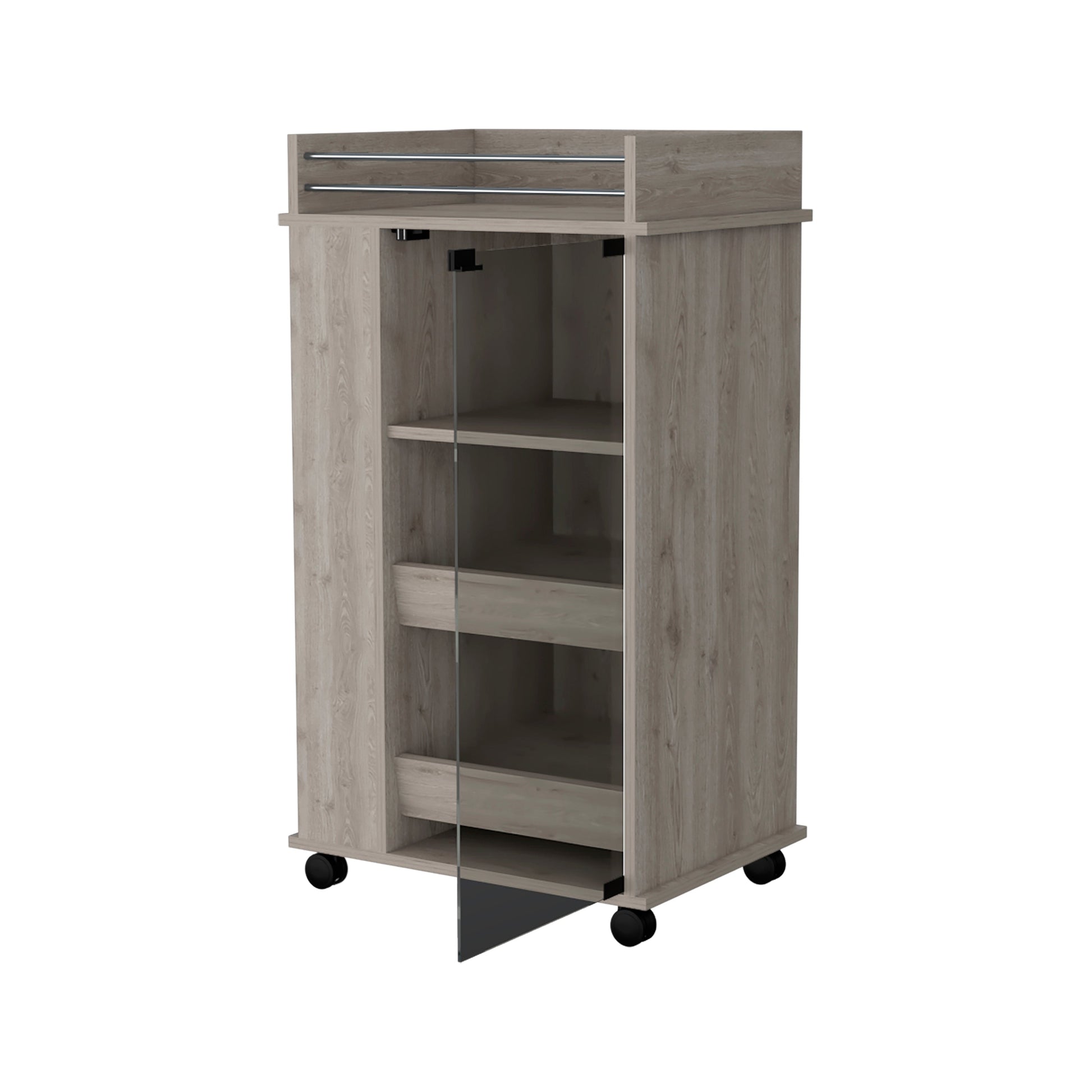 Light oak mobile storage cabinet with glass door and metal handles ideal for kitchen organization