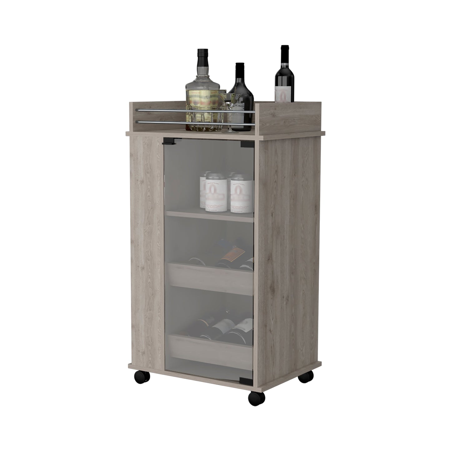 Modern rolling bar cart with a wood grain finish and glassfront cabinet door for home bar storage
