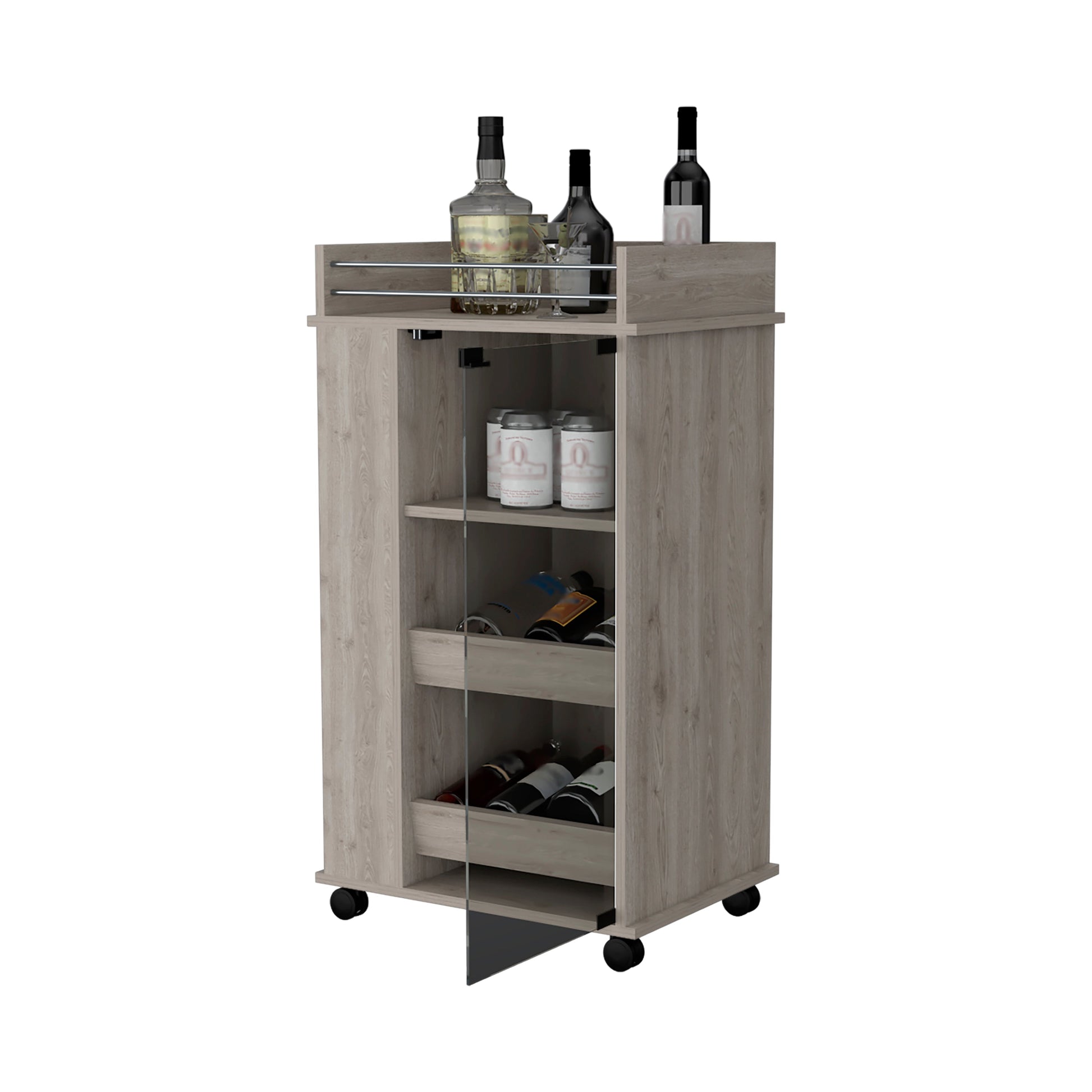 Wooden mobile bar cart with glass door and wine bottle storage