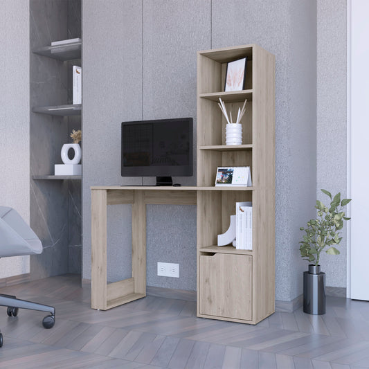Light oak computer desk with integrated bookshelf and drawer modern home office setup