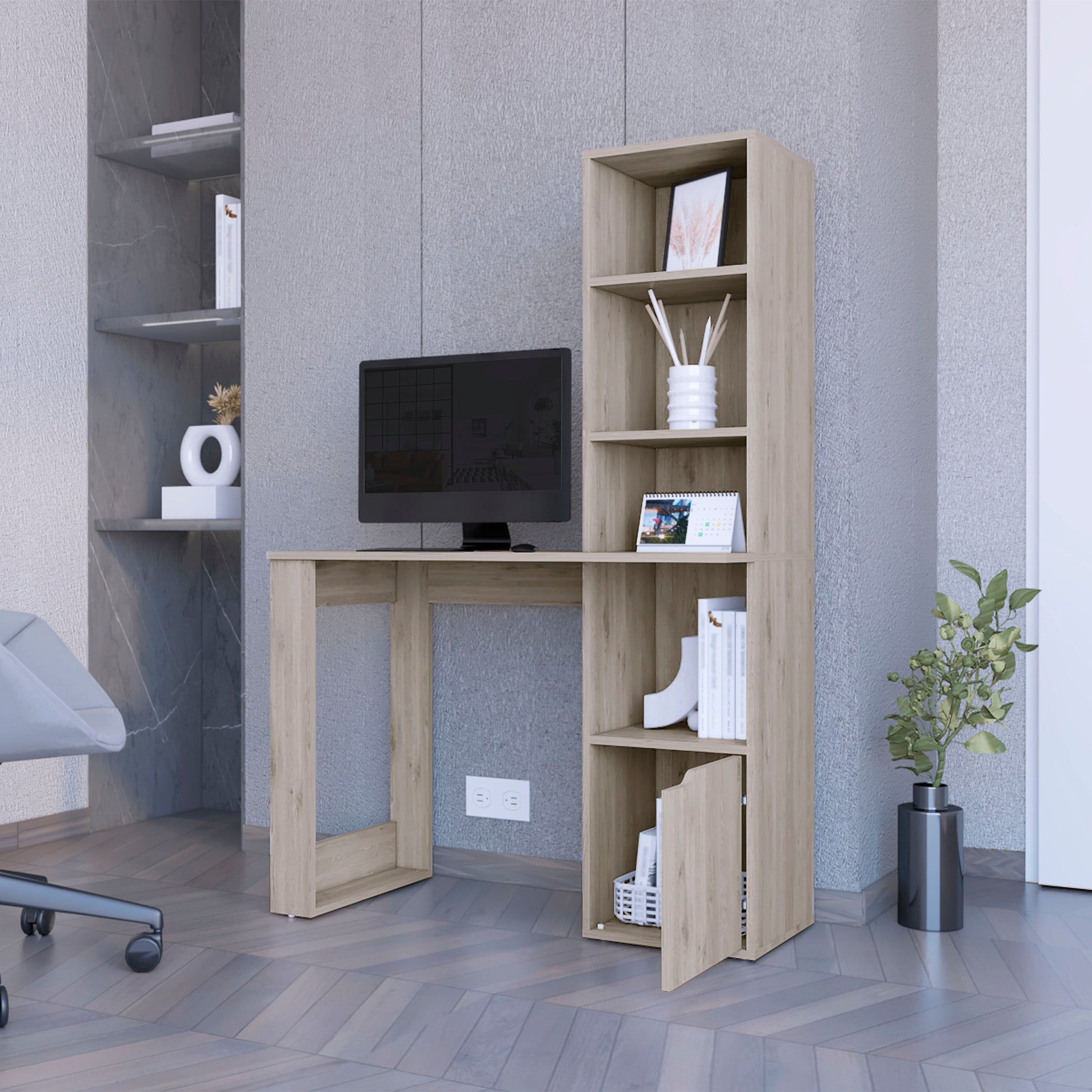Wooden desk with attached bookshelf and computer setup
