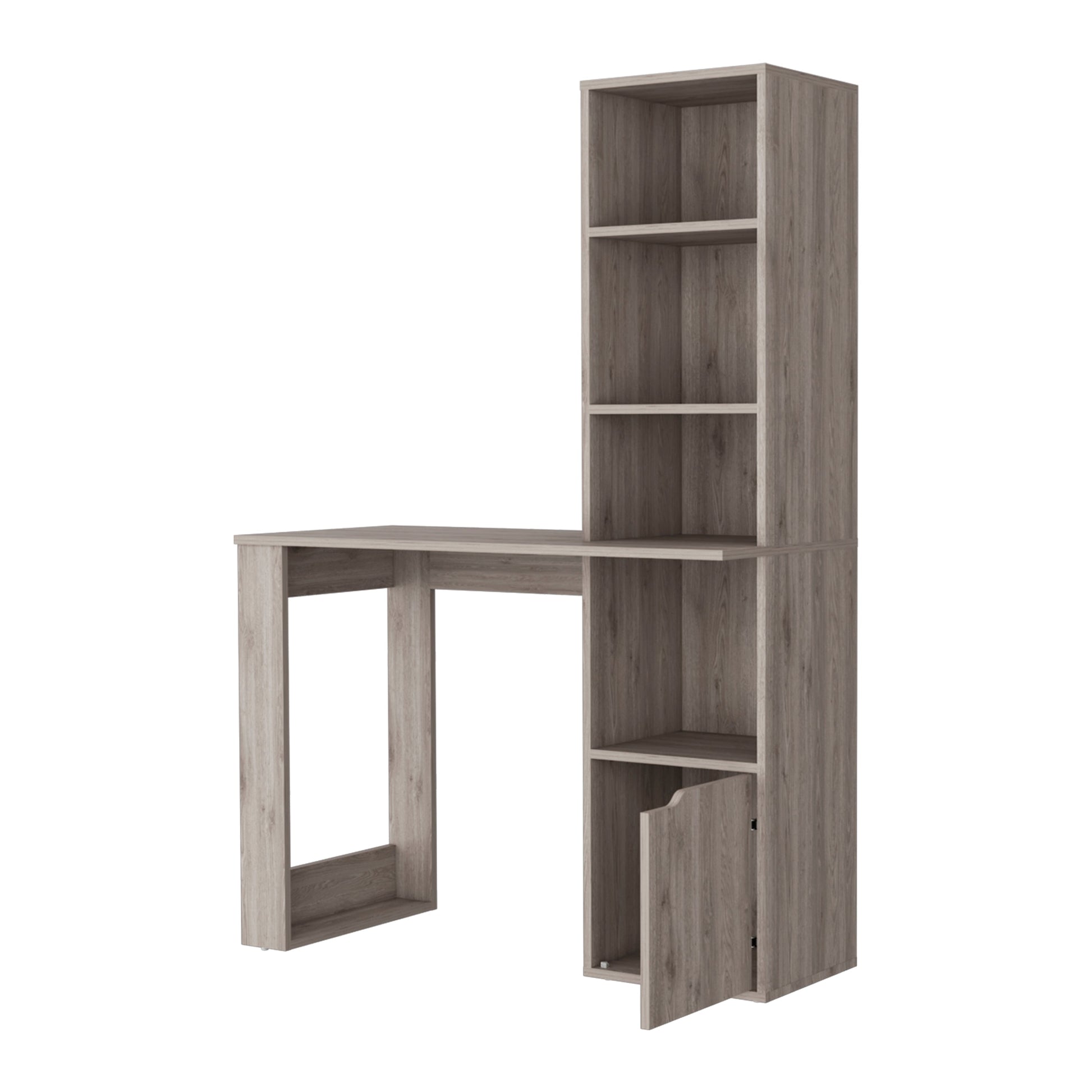 Gray wood desk with attached bookshelf for compact home office space
