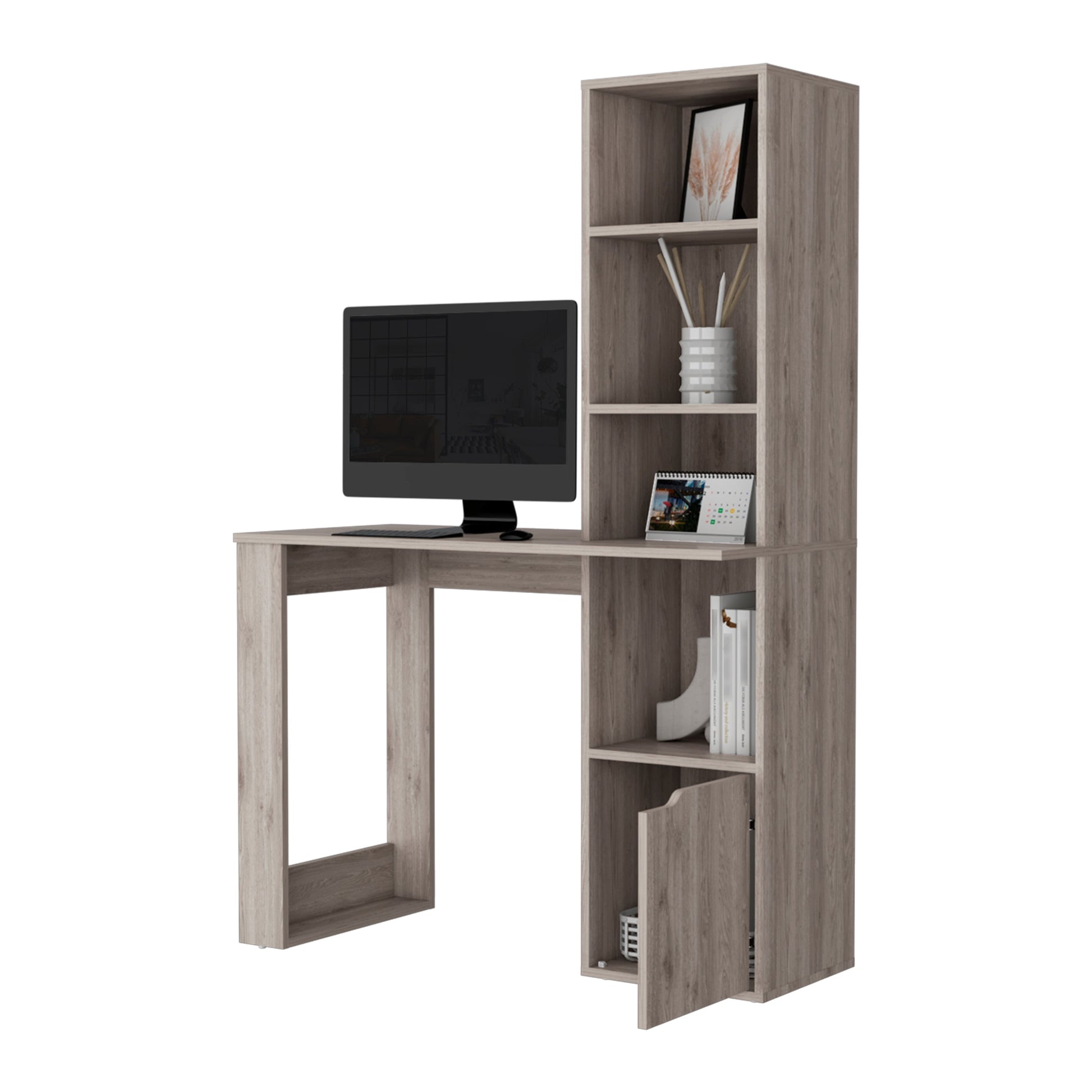 Rustic oak computer desk with integrated shelving unit for home office use