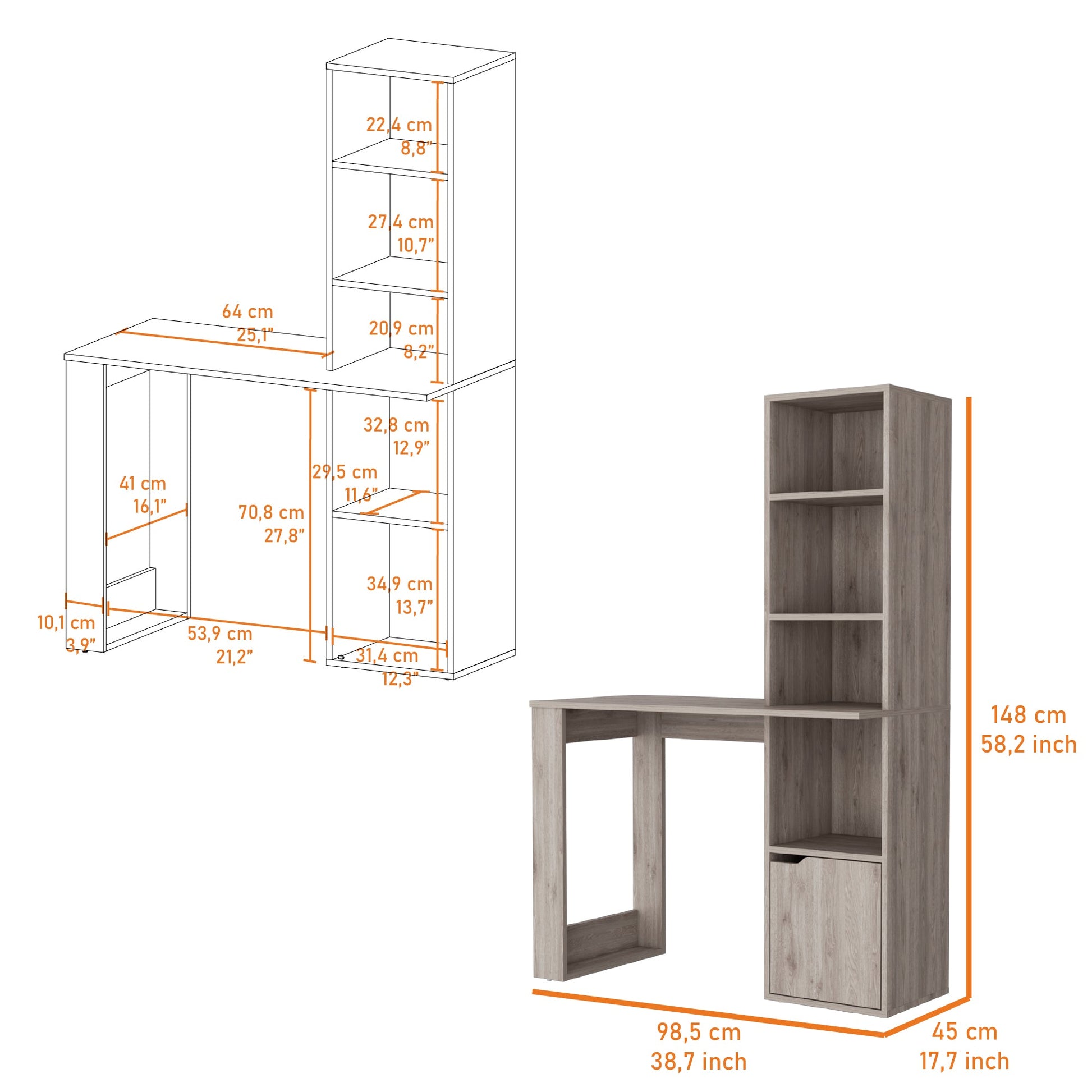 Modern Lshaped desk with integrated shelving unit in rustic oak finish ideal for home office
