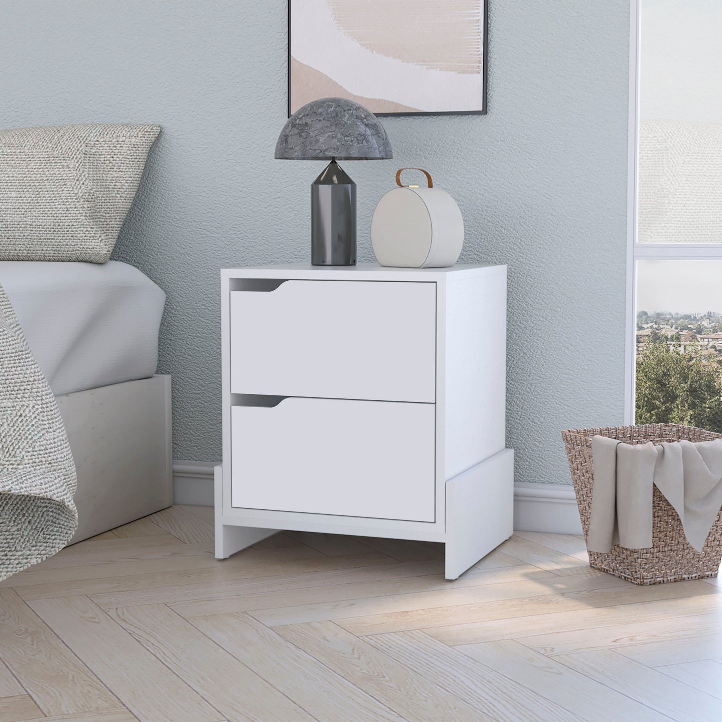 White modern nightstand with two drawers and sleek design