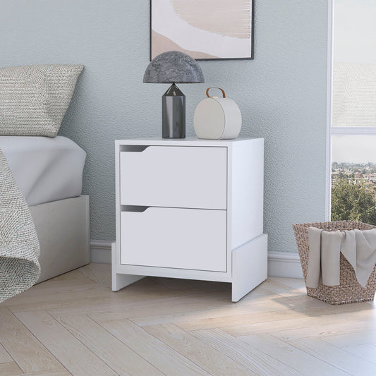 White modern nightstand with two drawers and sleek design