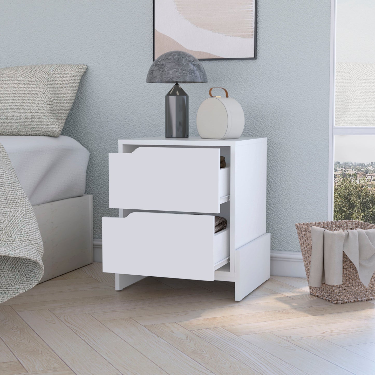 White modern bedside table with two drawers and contemporary decor