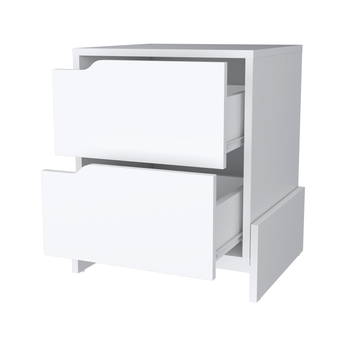 Modern white nightstand with two deep drawers and minimalist design perfect for bedroom storage