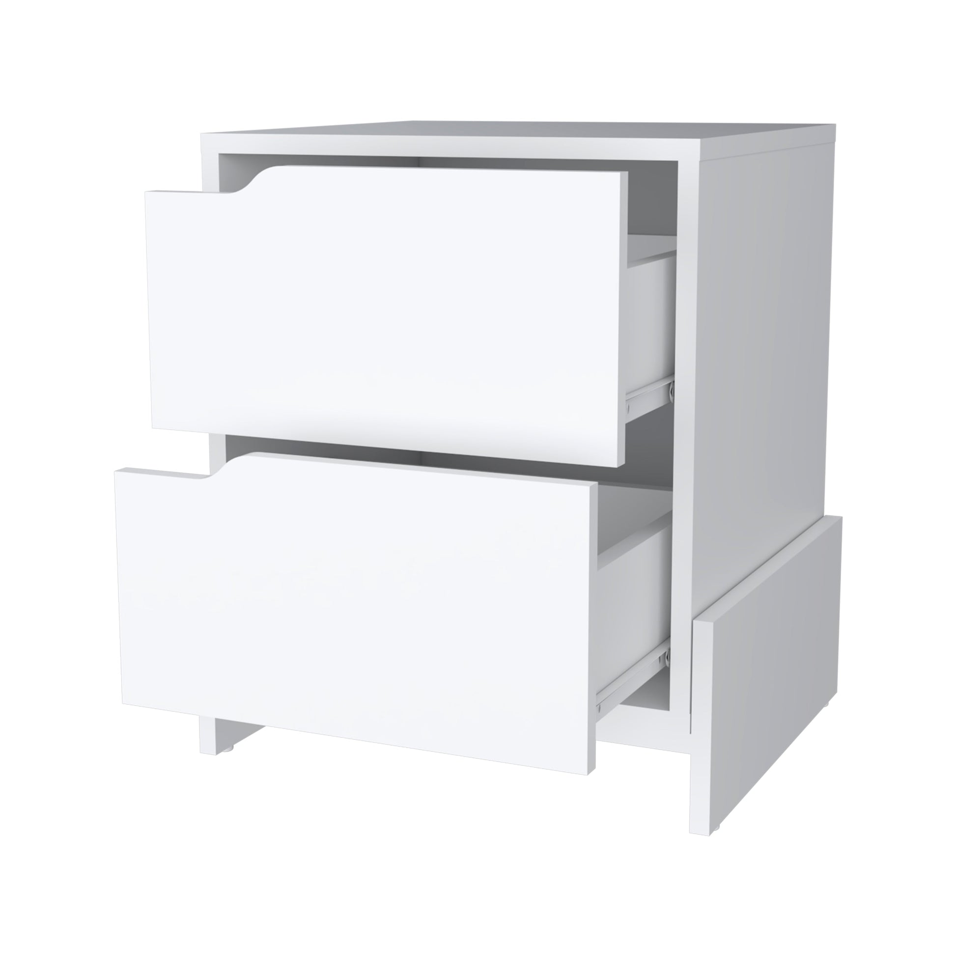 Modern white nightstand with two deep drawers and minimalist design perfect for bedroom storage