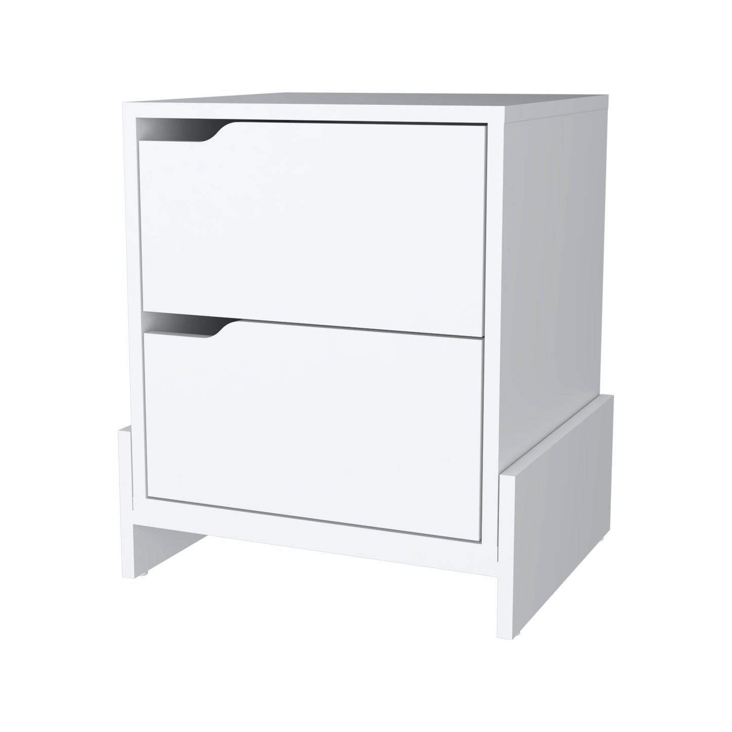 Modern white twodrawer nightstand with sleek cutout handles and angled legs