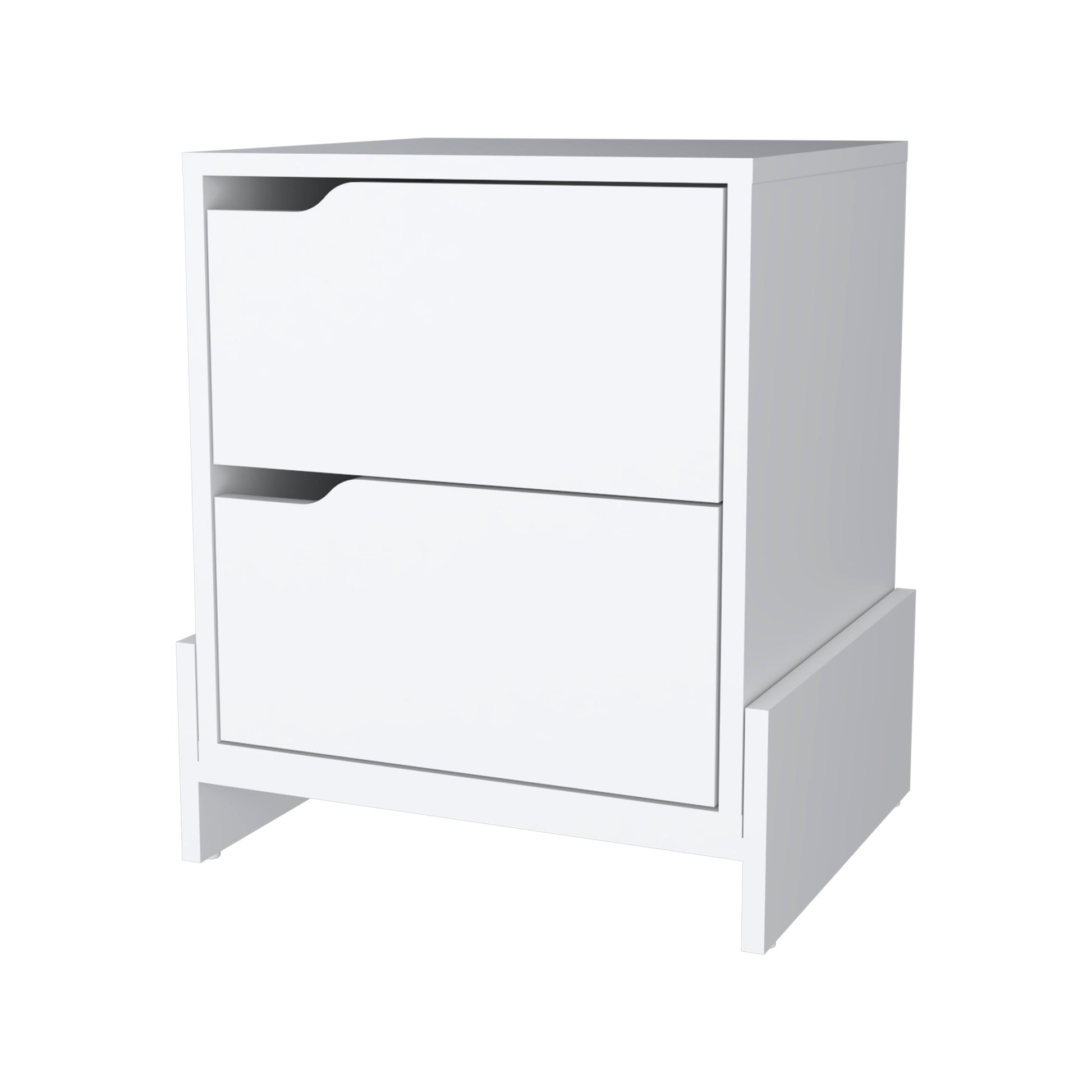 Modern white twodrawer nightstand with sleek cutout handles and angled legs
