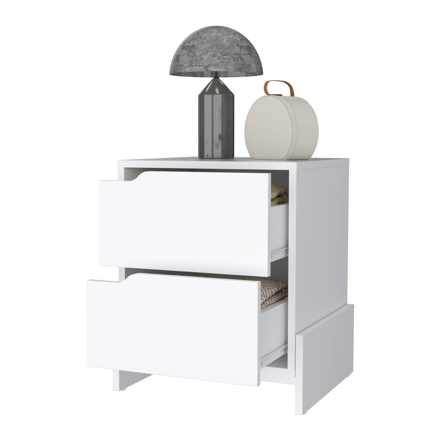 White twodrawer nightstand with marble lamp and round storage box