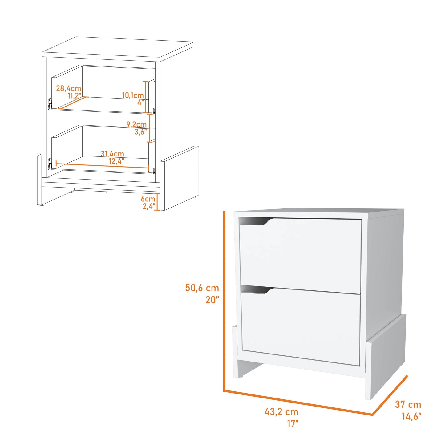 White twodrawer nightstand with cutout handles and dimensions shown
