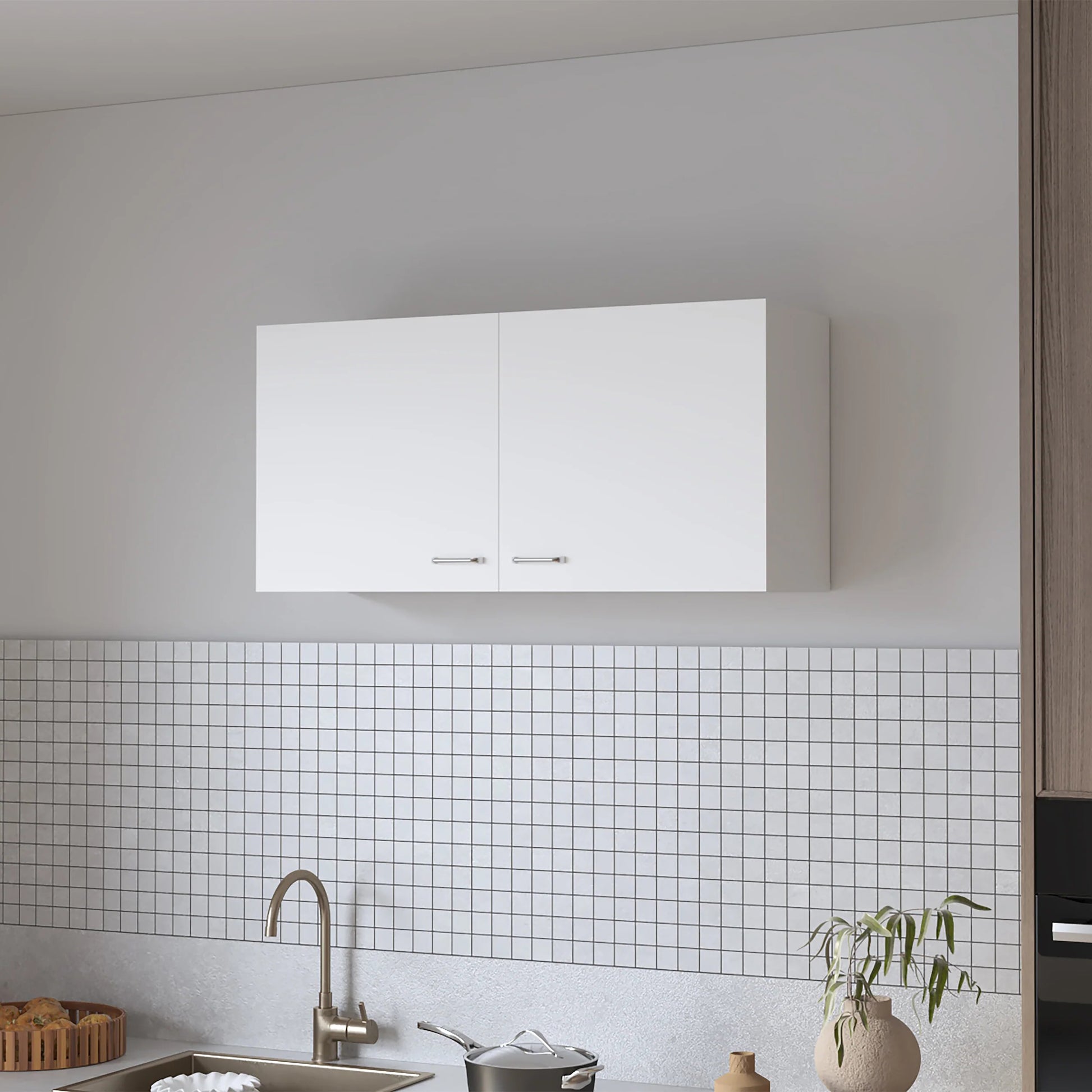 Modern white wall cabinet with minimalist design and chrome handles