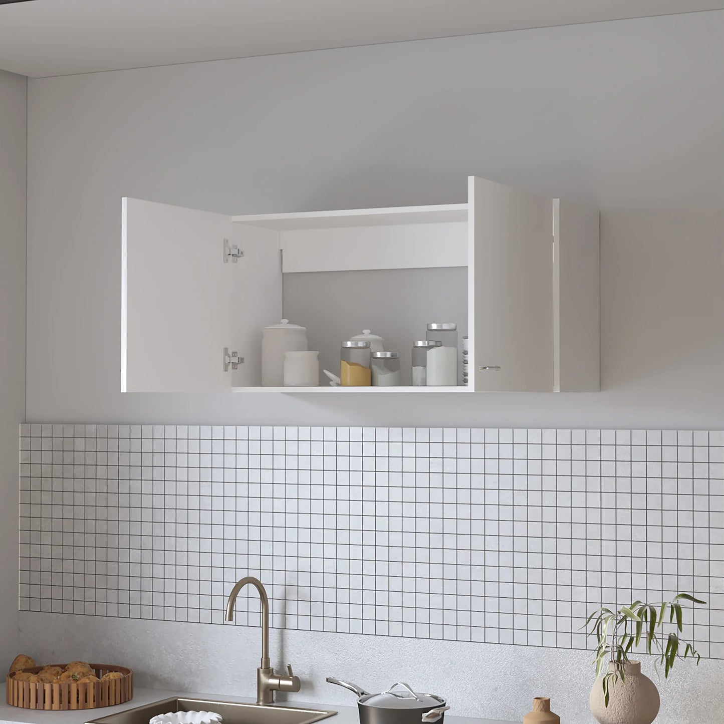 White kitchen wall cabinet with open doors showcasing jars and canisters