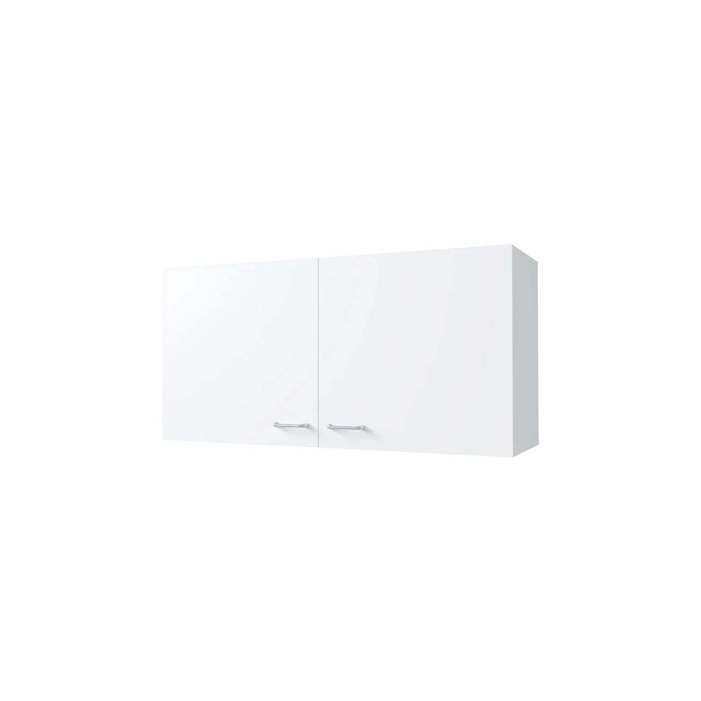 Sleek white twodoor wall cabinet with modern silver handles for kitchen storage