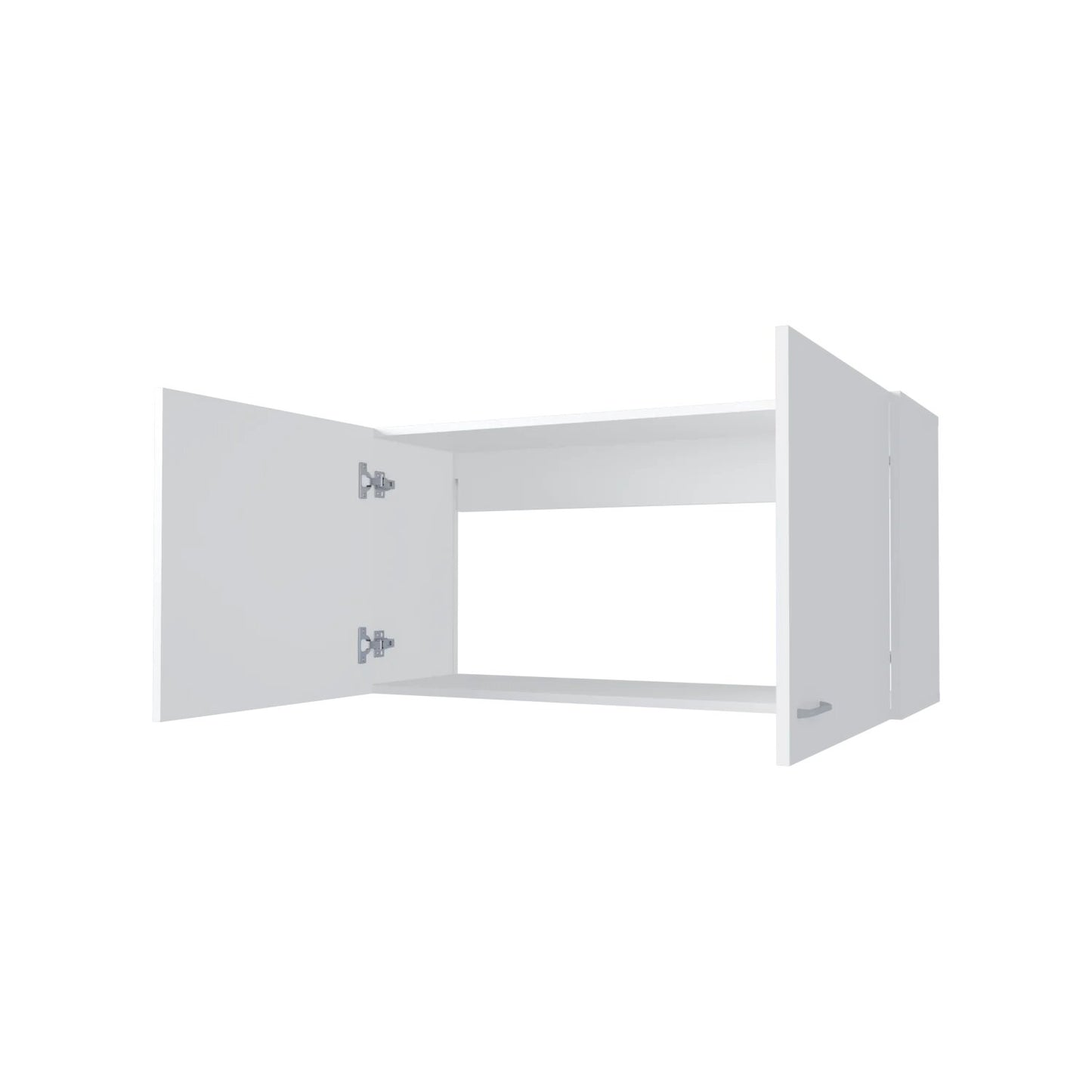 White open wall cabinet with brushed nickel hardware and two doors