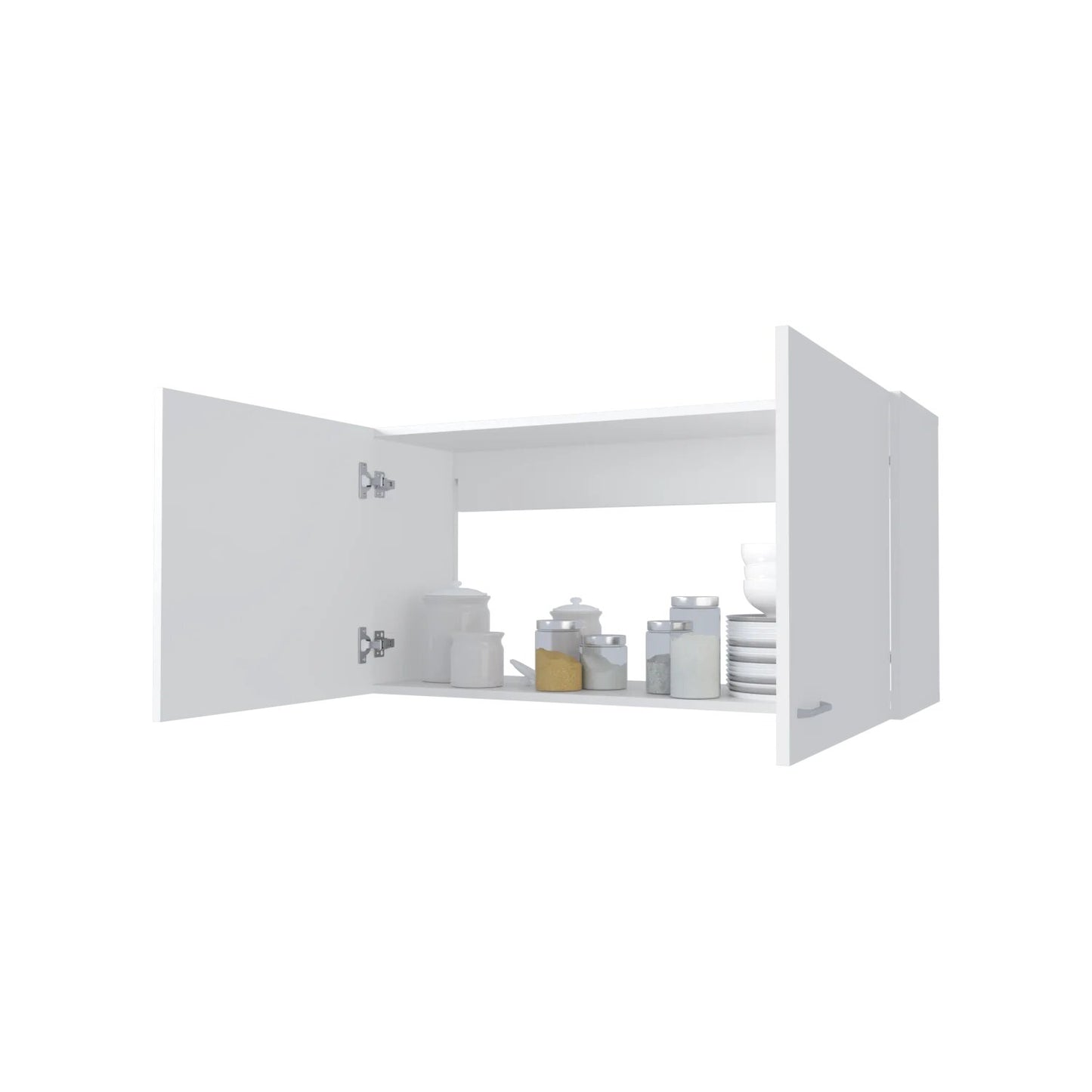 Open white wall cabinet displaying kitchen canisters and stacked plates