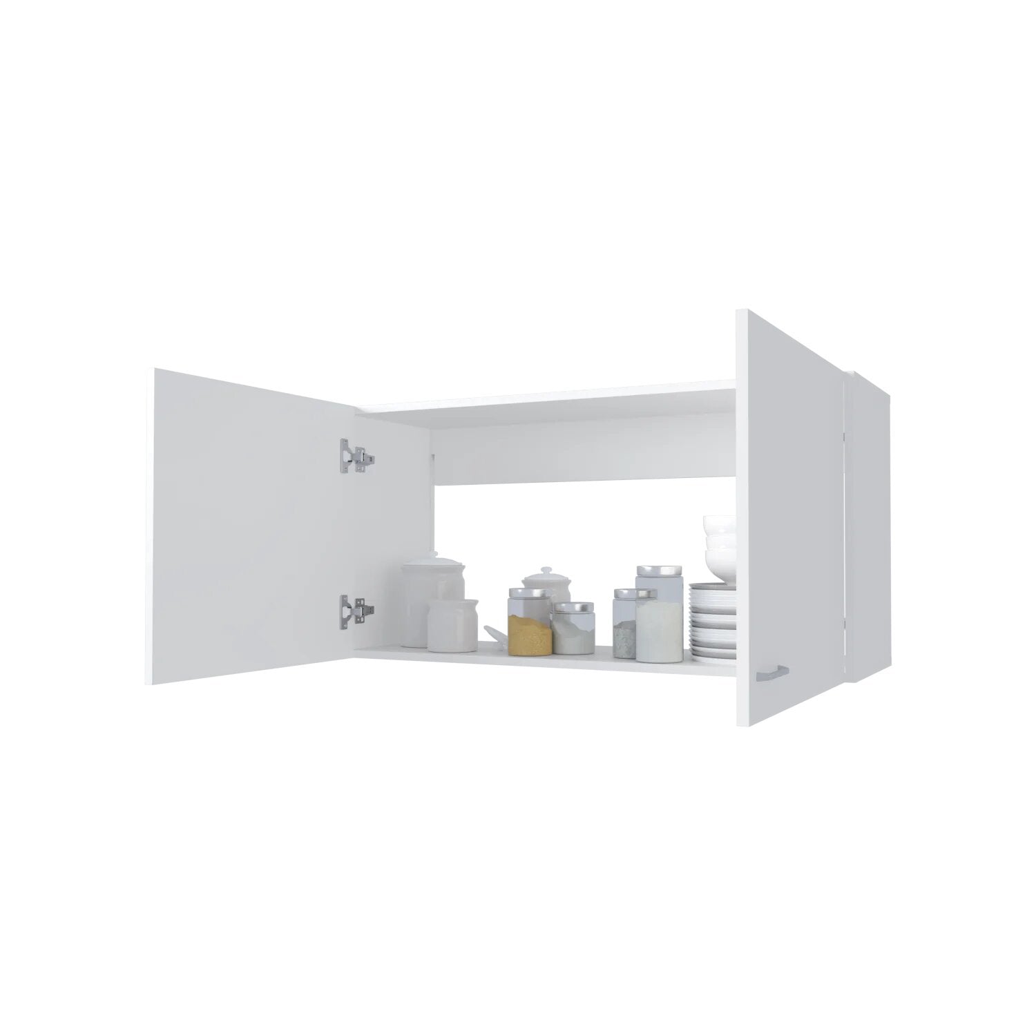 Open white wall cabinet displaying kitchen canisters and stacked plates