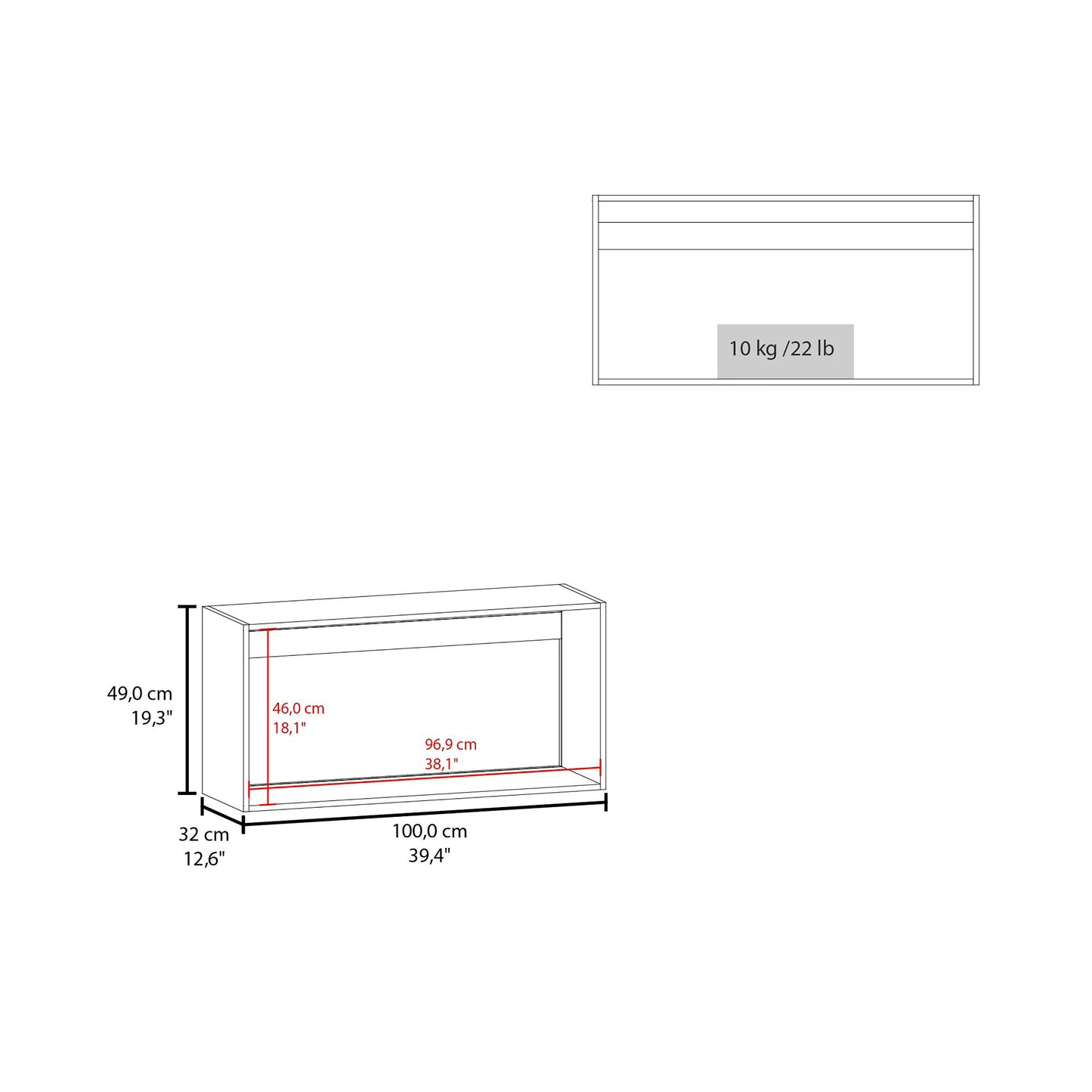 Line drawing of a modern media console with dimensions cm wide
