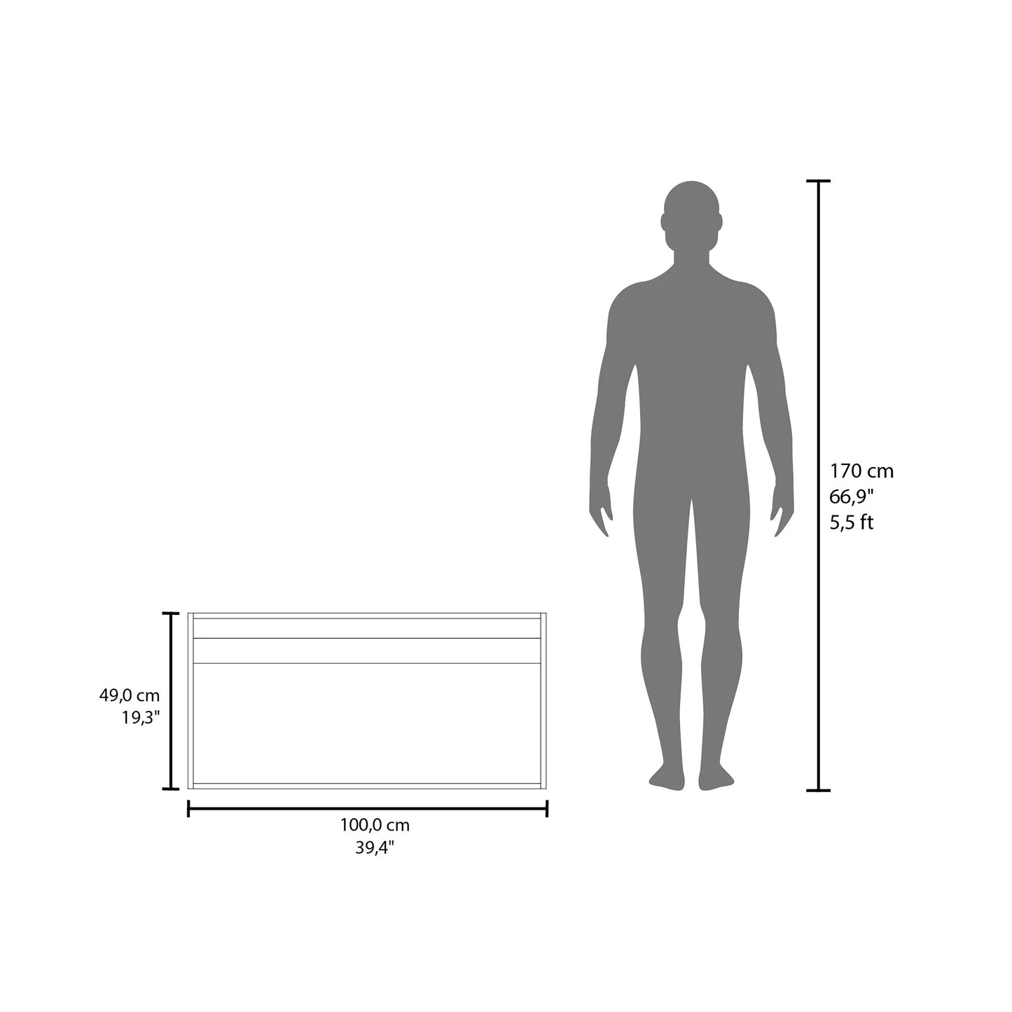 White vanity cabinet diagram cm wide cm high next to a cm silhouette