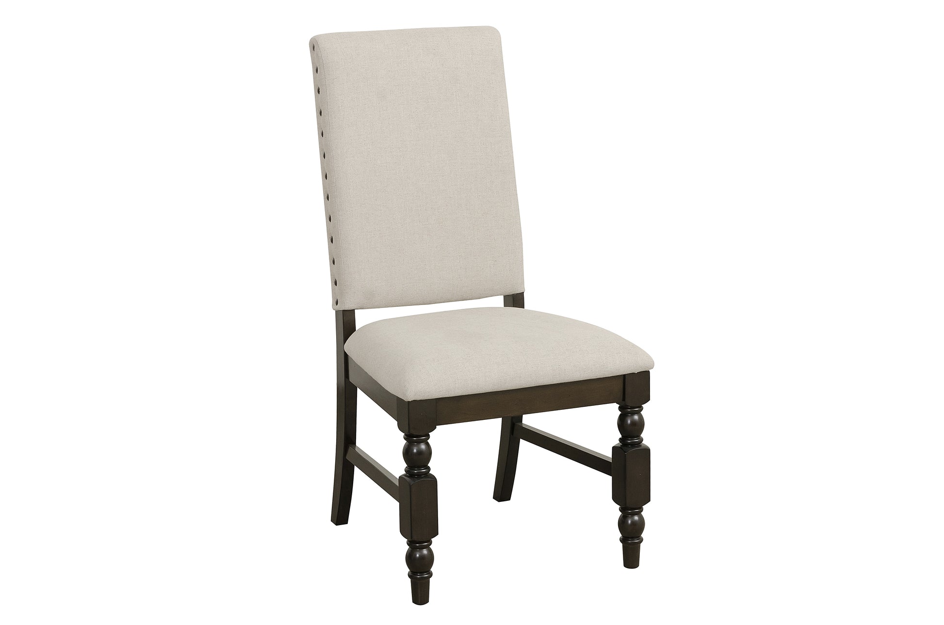 Upholstered dining chair with natural beige linen and dark wood turned legs