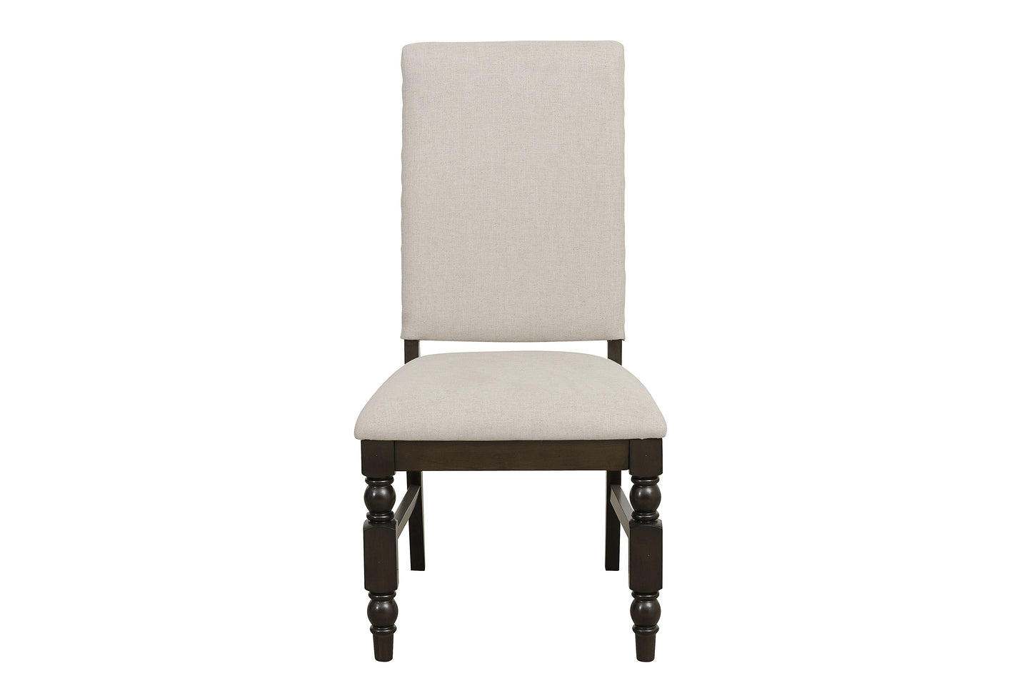 Upholstered dining chair with a high back and natural linen fabric over a dark wood frame