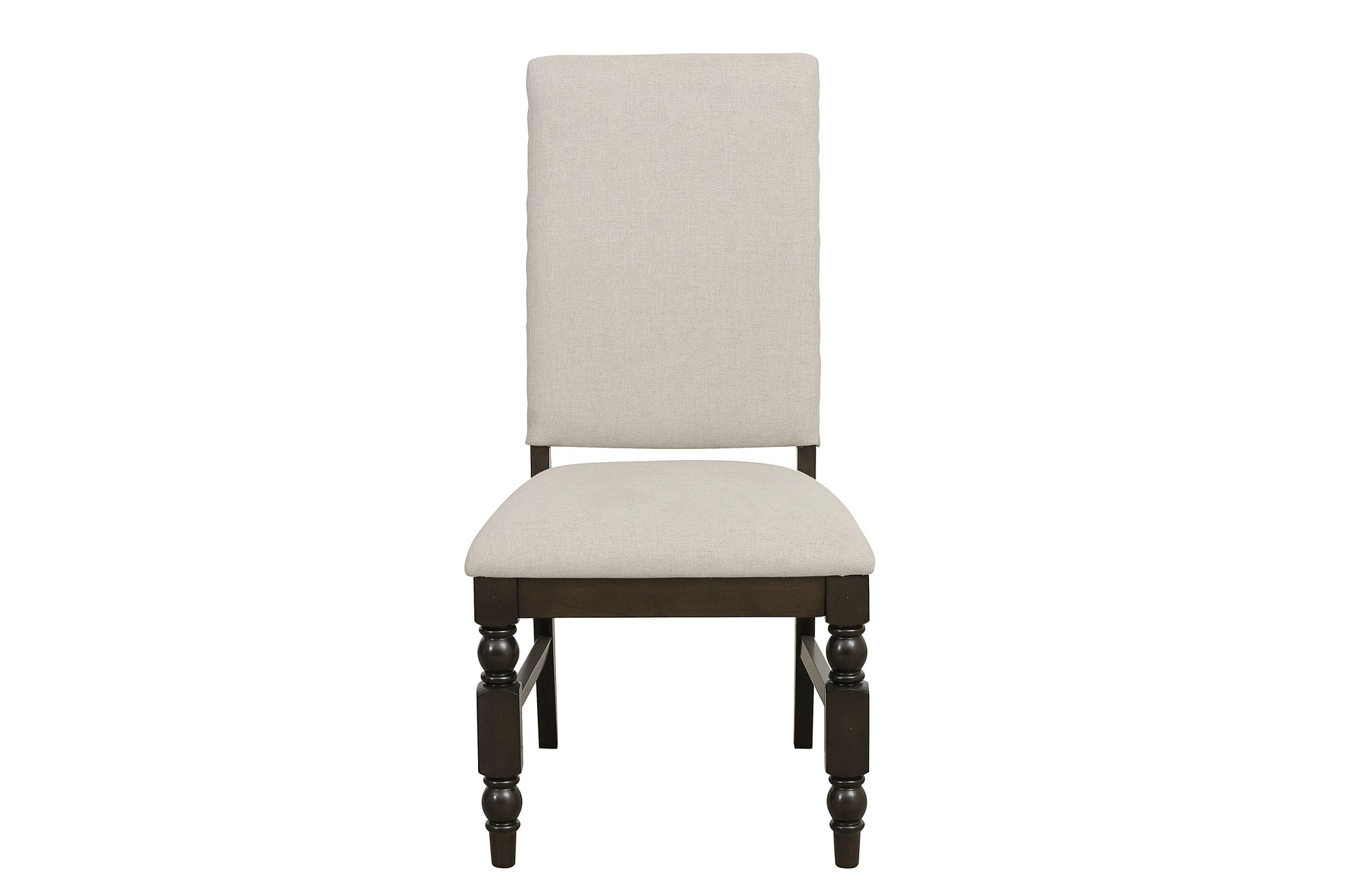 Upholstered dining chair with a high back and natural linen fabric over a dark wood frame