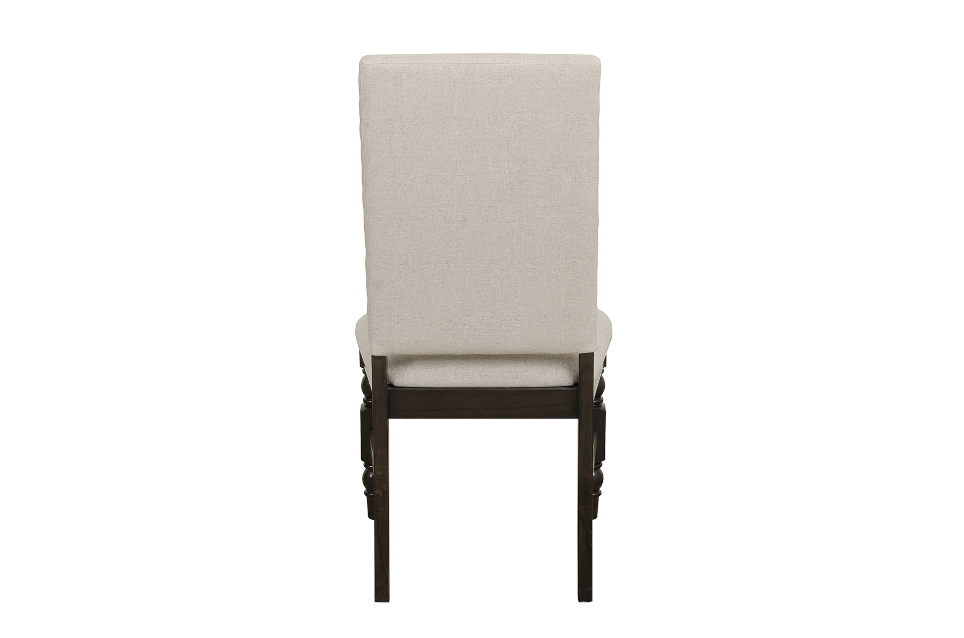 Upholstered dining chair in light beige linen with dark wood frame and turned legs