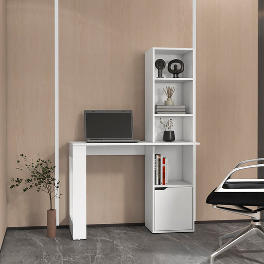 White modern computer desk with integrated bookshelf featuring a laptop and decorative items