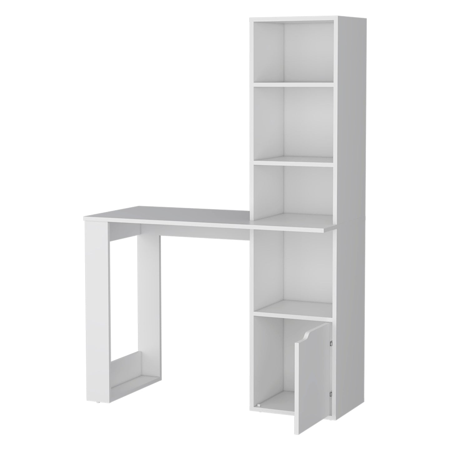 Modern white computer desk with integrated shelving unit for home office setup