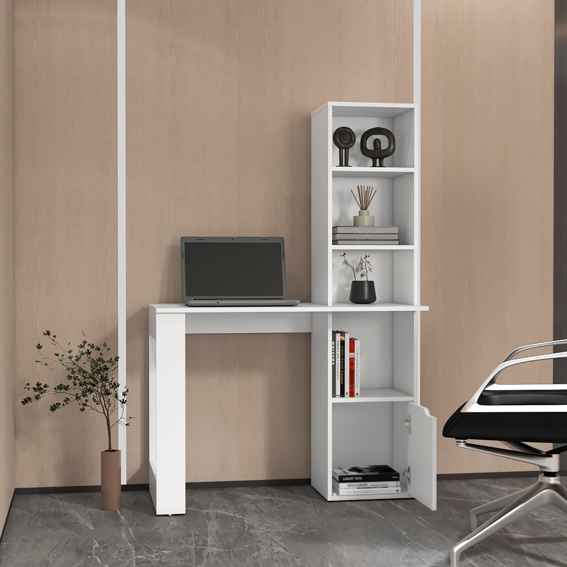 White modern desk with integrated bookshelf laptop and storage cabinet