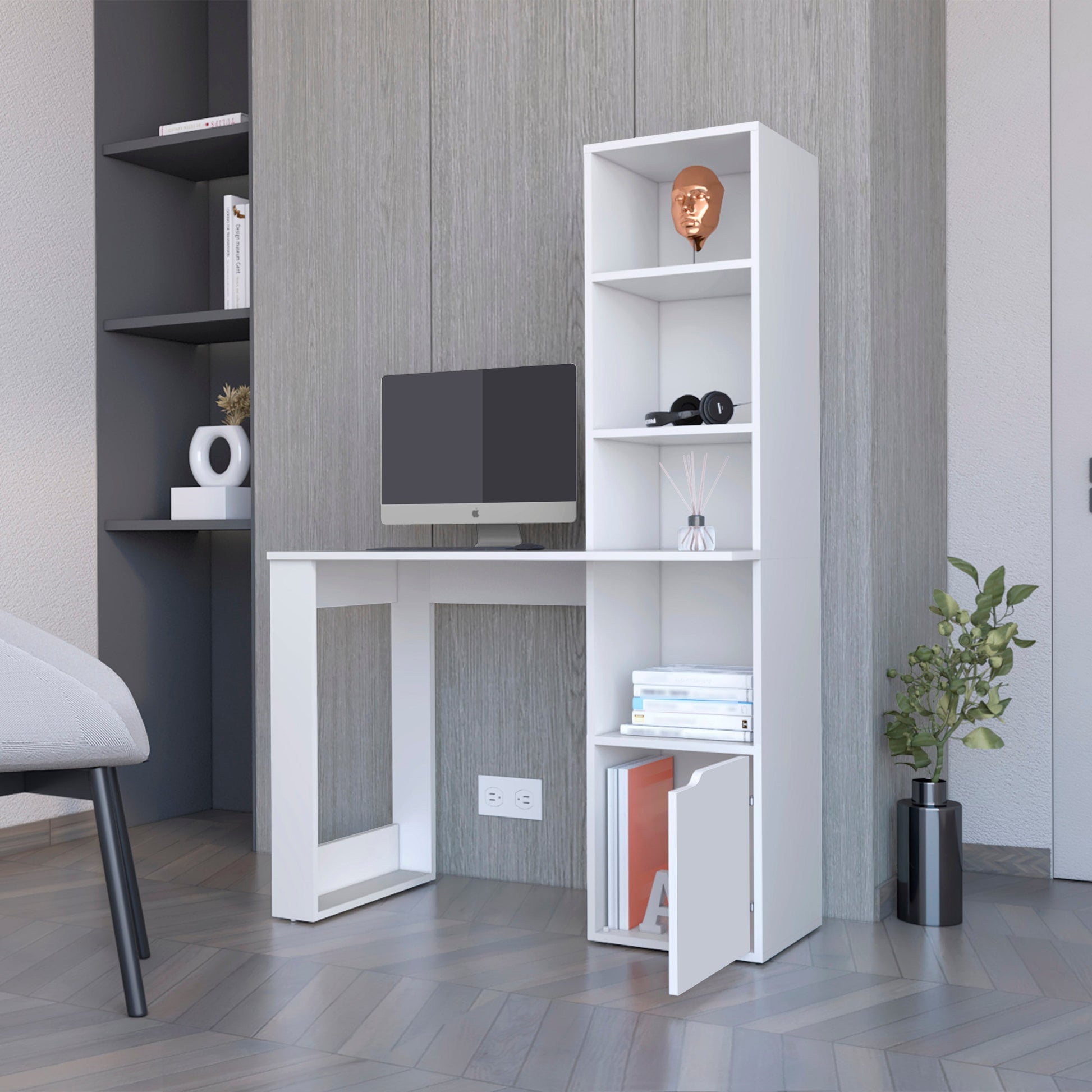 Modern white computer desk with integrated bookshelf for home office organization