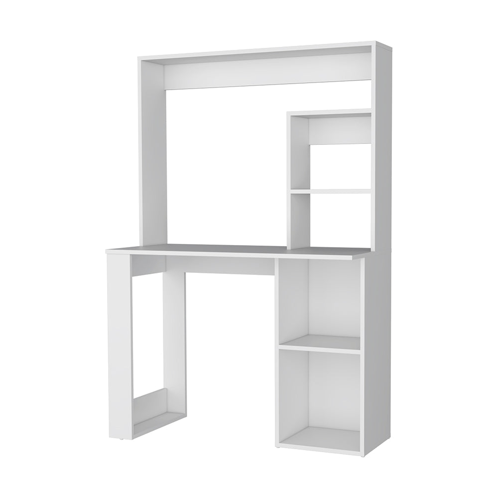 Modern white desk with integrated shelving unit for a study space
