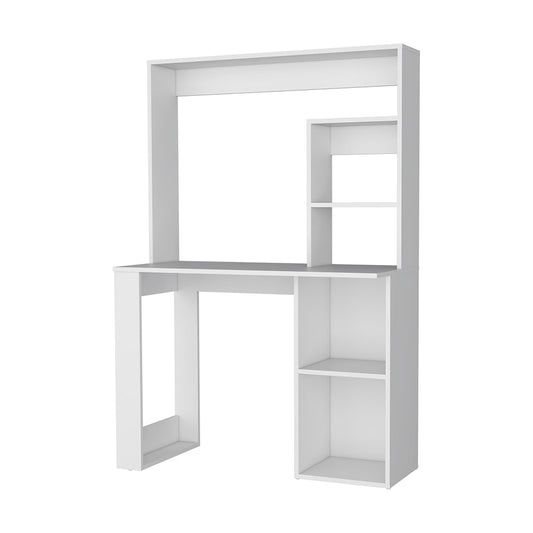 Modern white desk with integrated shelving unit for a study space