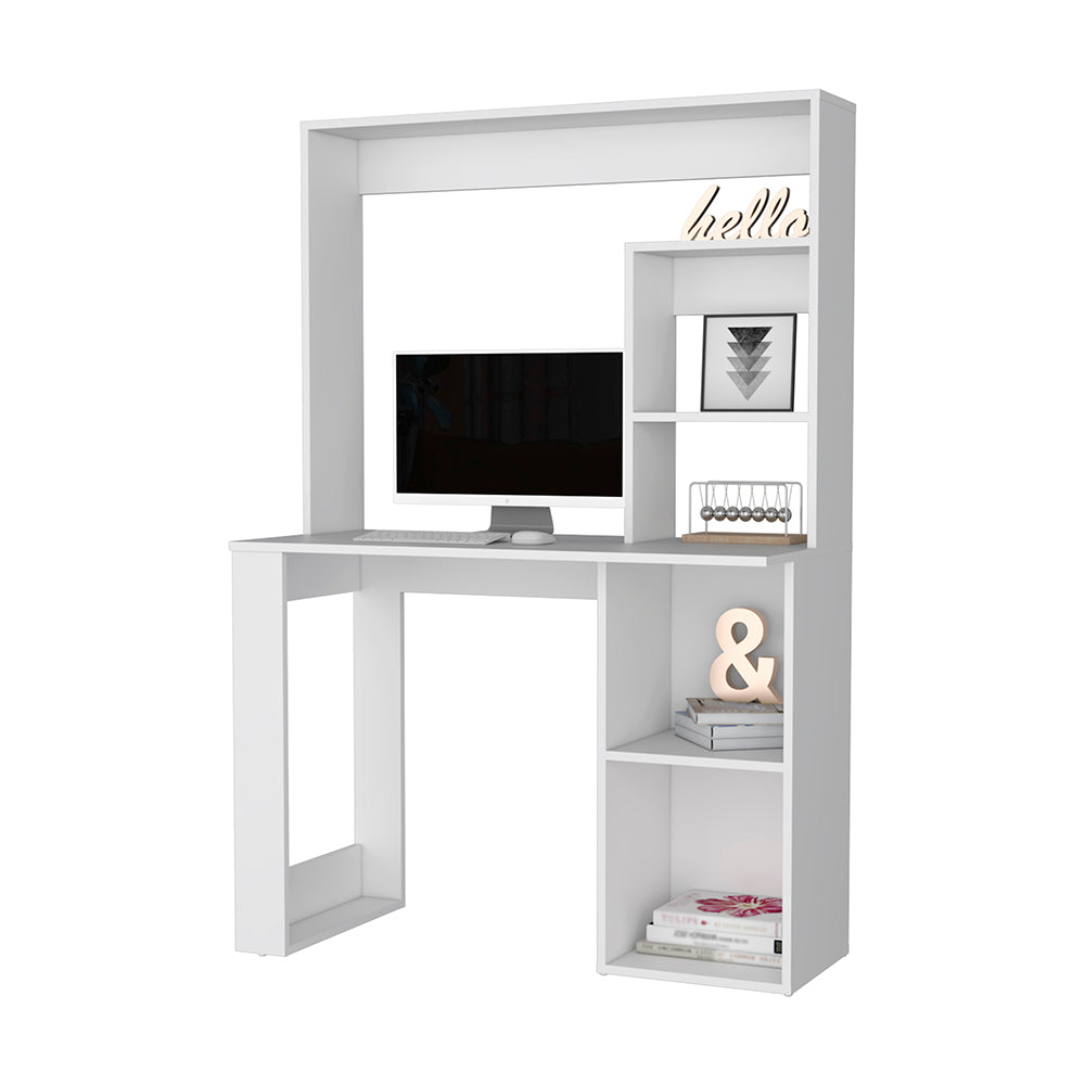 White computer desk with hutch and integrated shelving for storage