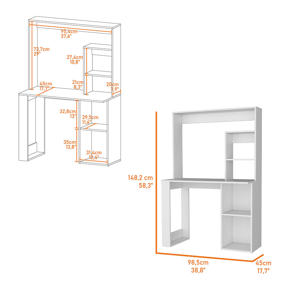 White computer desk with hutch and shelving showing dimensions for office use