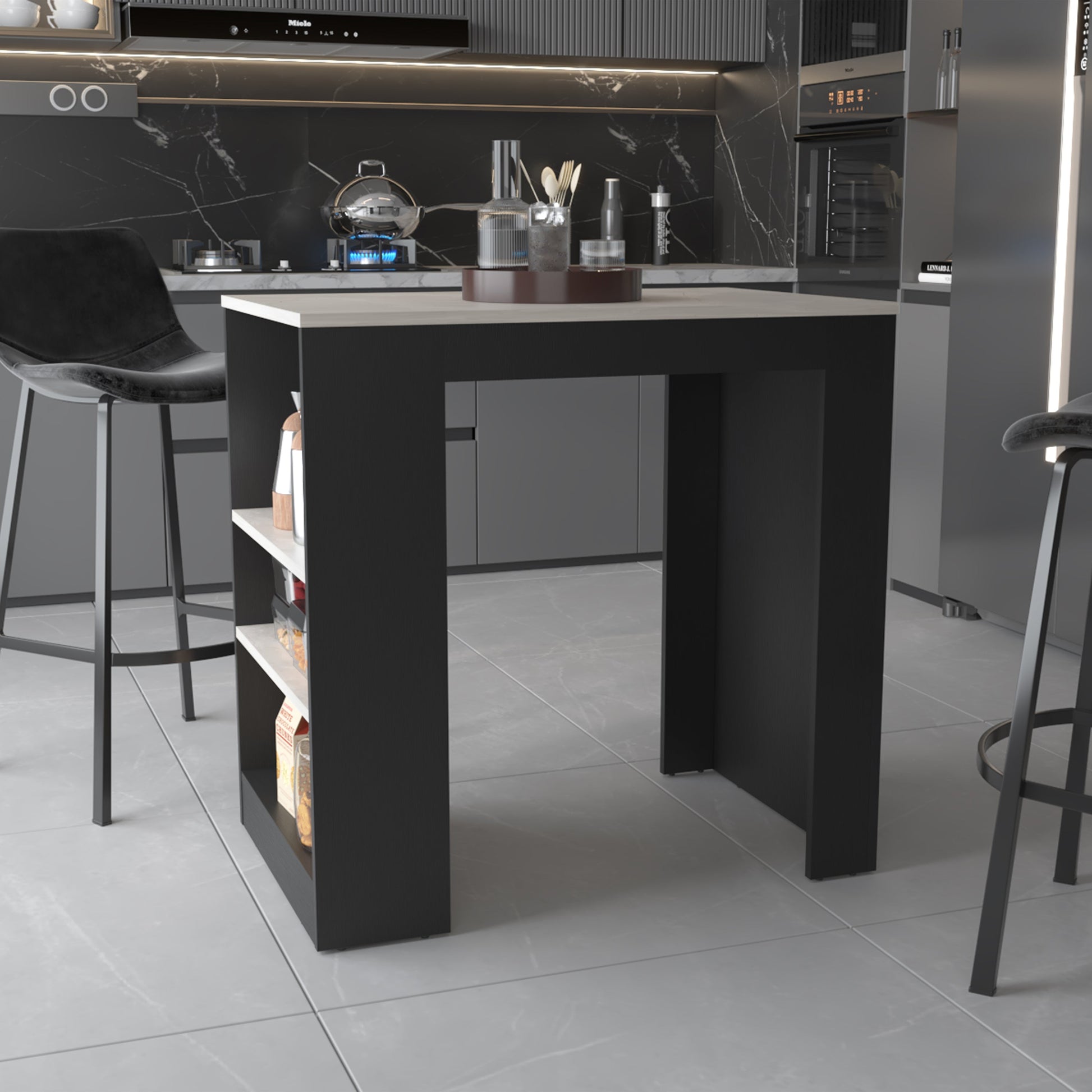 Modern black bar table with light wood top and open shelves for kitchen storage