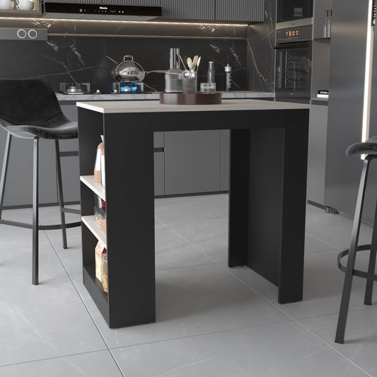 Modern black bar table with light wood top and open shelves for kitchen storage