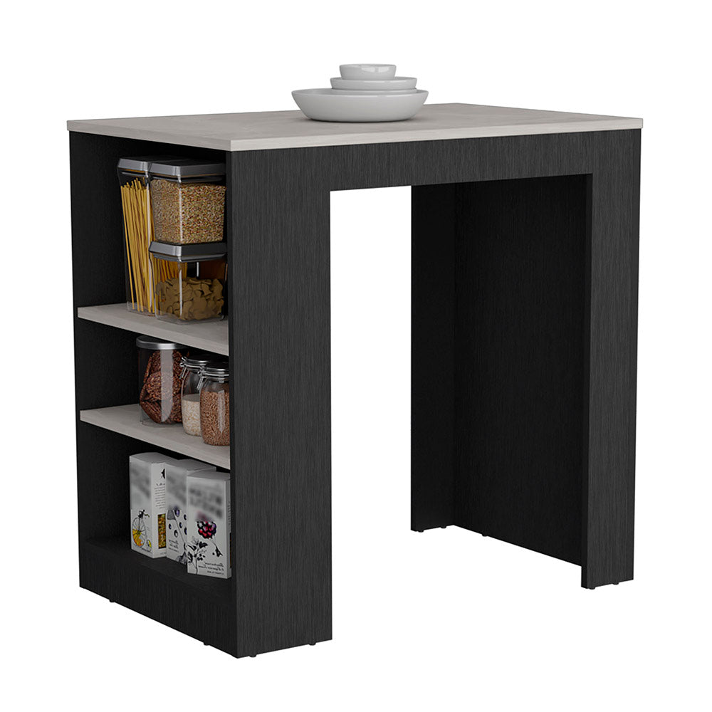 Modern kitchen island with open shelving gray countertop and dark wood finish