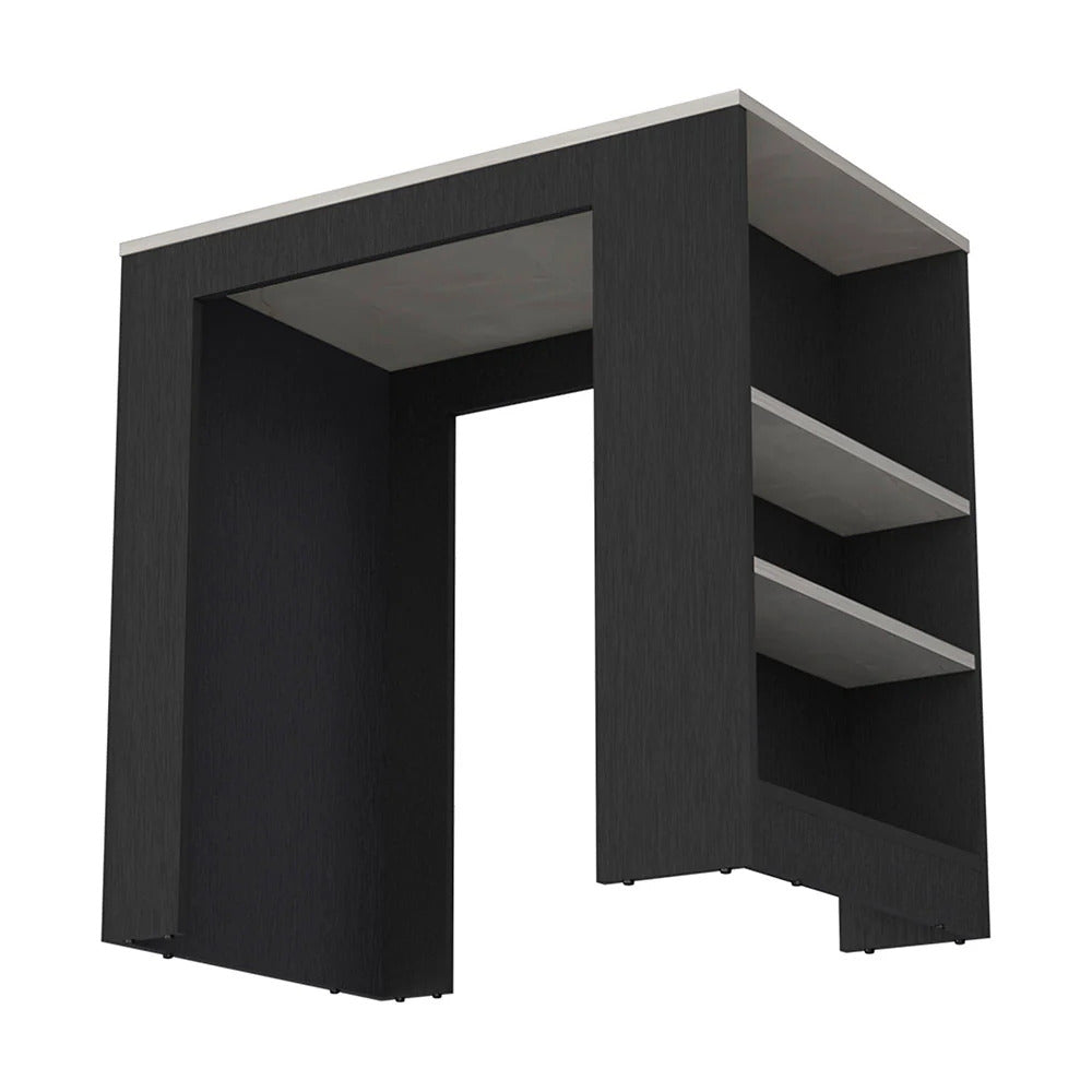 Dark grey minimalist desk with open shelving on the right perfect for small spaces