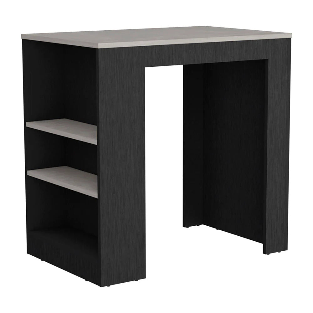 Modern dark wood bar table with light grey shelves and white countertop