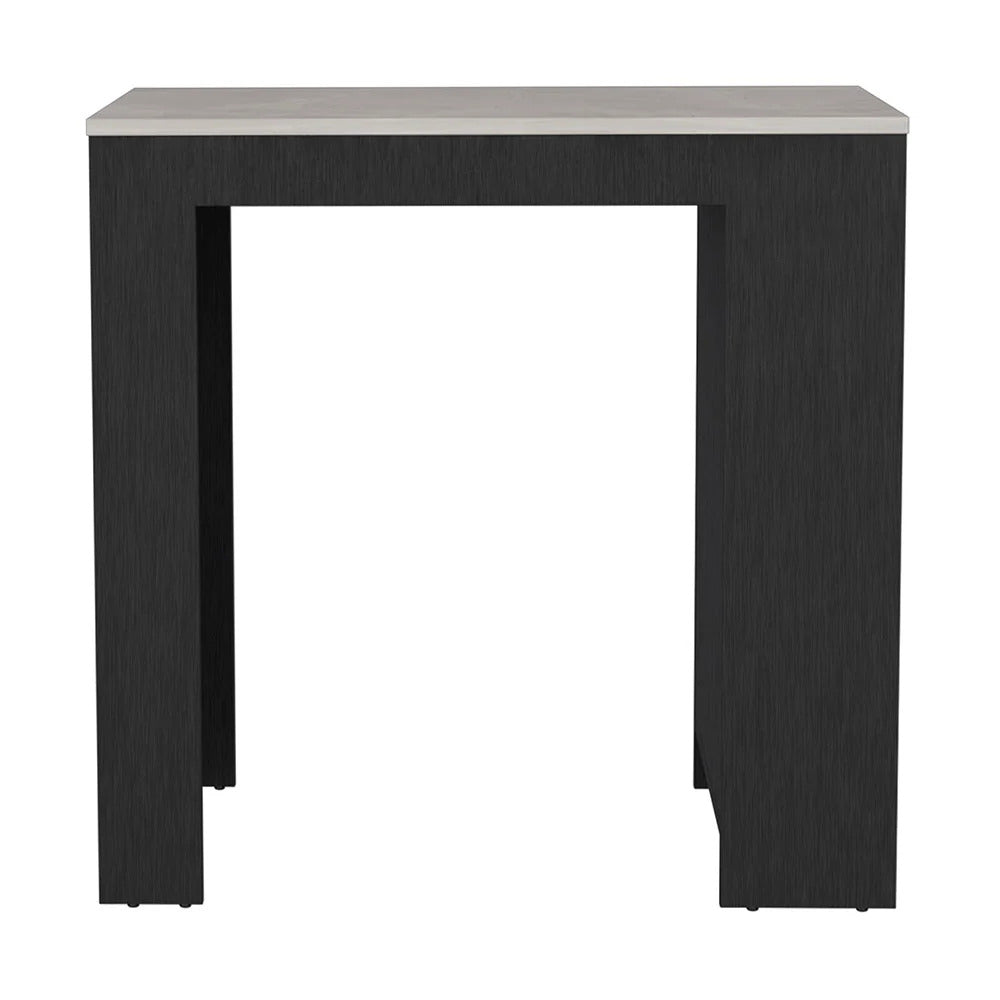 Modern black wood bar table with a sleek white marble top and minimalist design