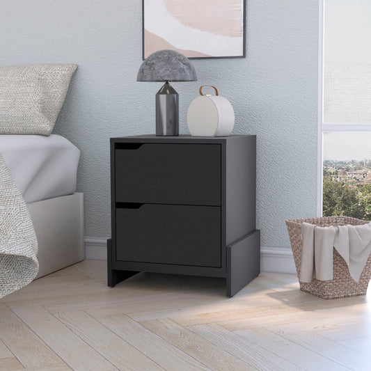Modern black wood grain nightstand with two drawers and minimalist hardware
