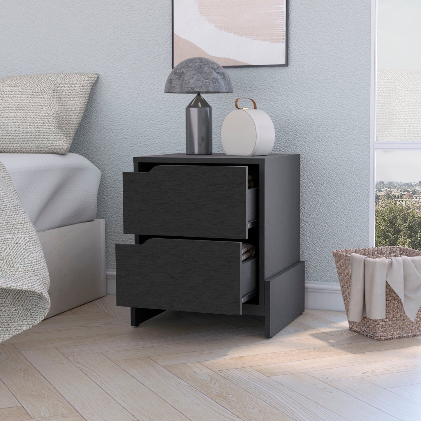 Dark gray wood grain nightstand with two drawers bedside storage solution