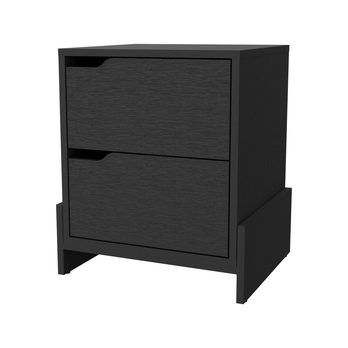 Modern black wood veneer nightstand with two drawers and sleek integrated pulls