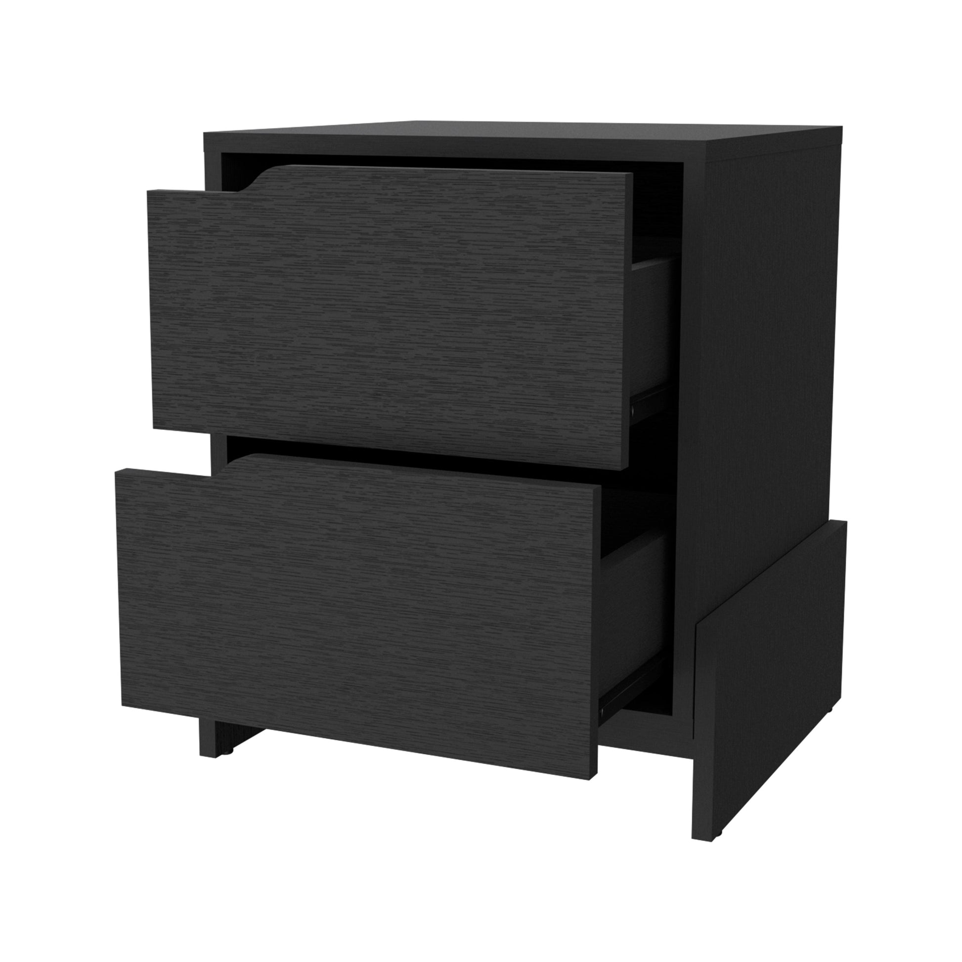 Sleek black wood bedside table with two open drawers on white background