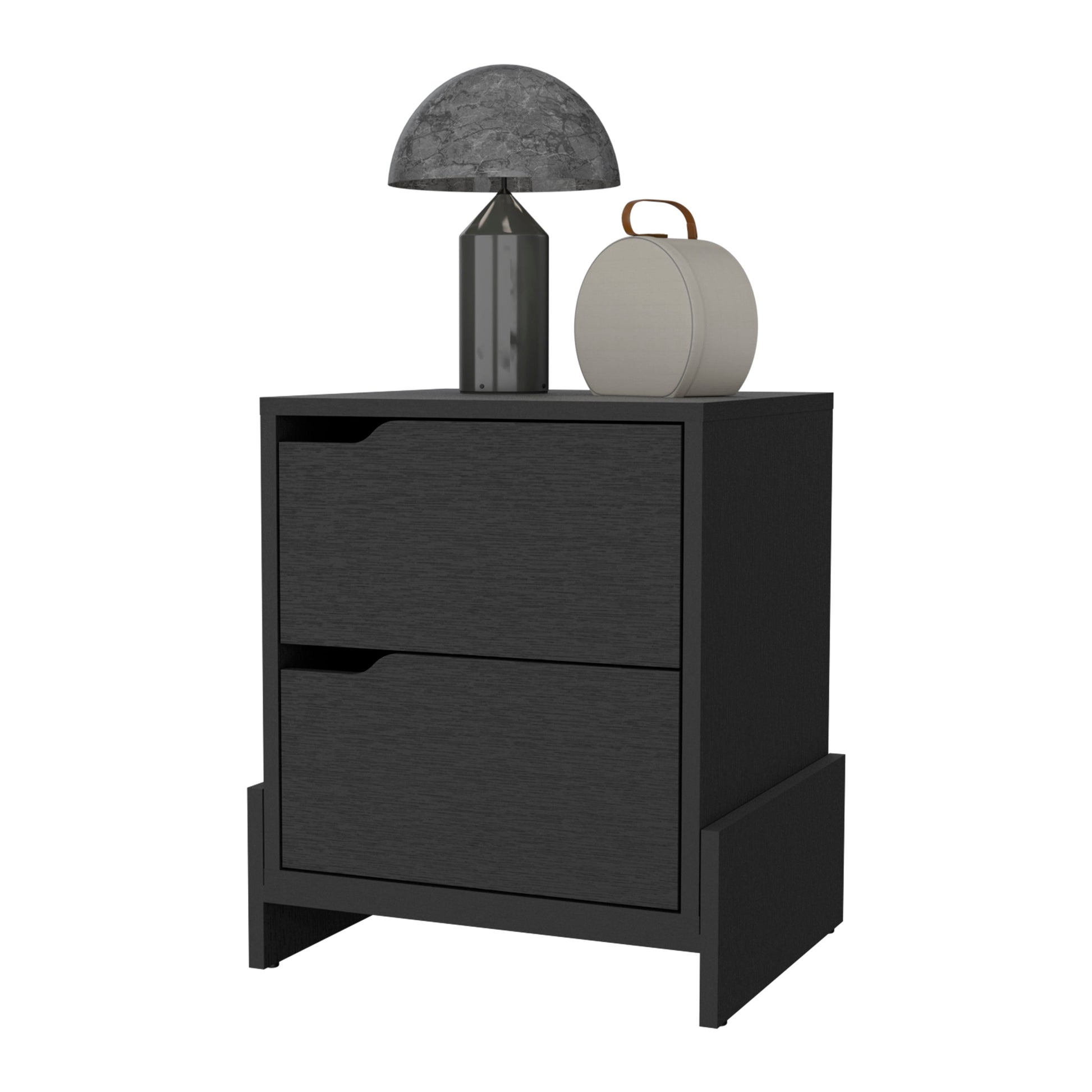 Dark gray wood nightstand with two drawers and a round leather accent box