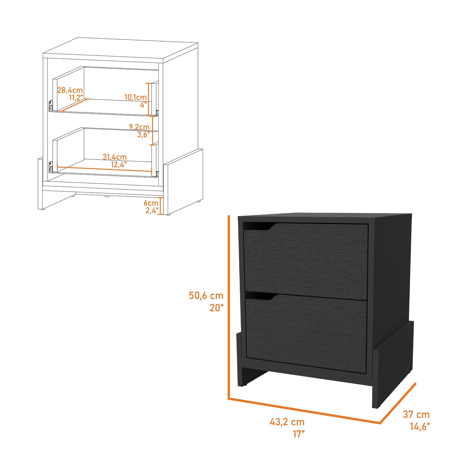 Black twodrawer bedside table with modern design and textured finish providing ample bedside storage