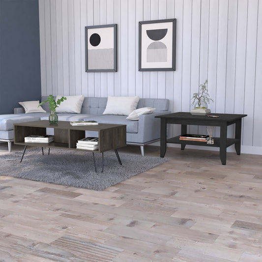 Modern dark wood coffee table with open shelving and hairpin legs holding books